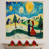 Folk Art of a Couple Dancing on a Snowy Christmas Night Beneath a Starry Sky in a Charming Winter Village on Ready to Hang 1.5" Thick Canvas Wrap, Floating Framed Canvas, Flat Rolled Canvas